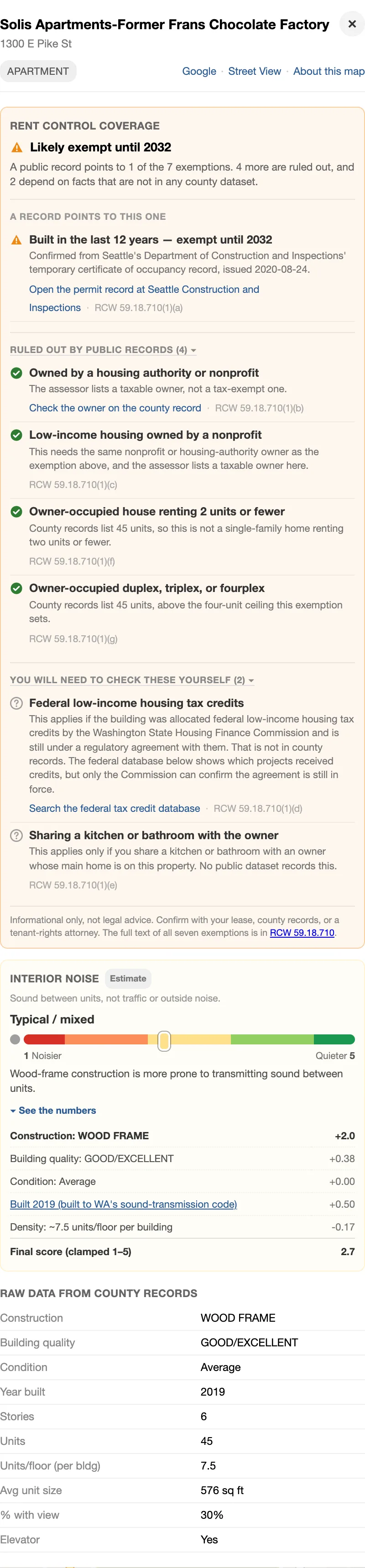 Building card for a 2019 building: likely exempt until 2032 under the new-construction exemption, with every other rule spelled out, a noise score breakdown, and raw county records