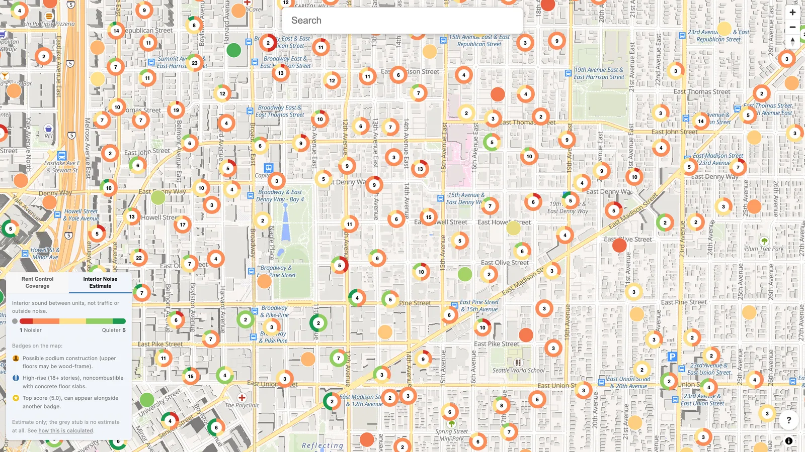 The same map colored by estimated interior noise, from red for noisier buildings to green for quieter ones